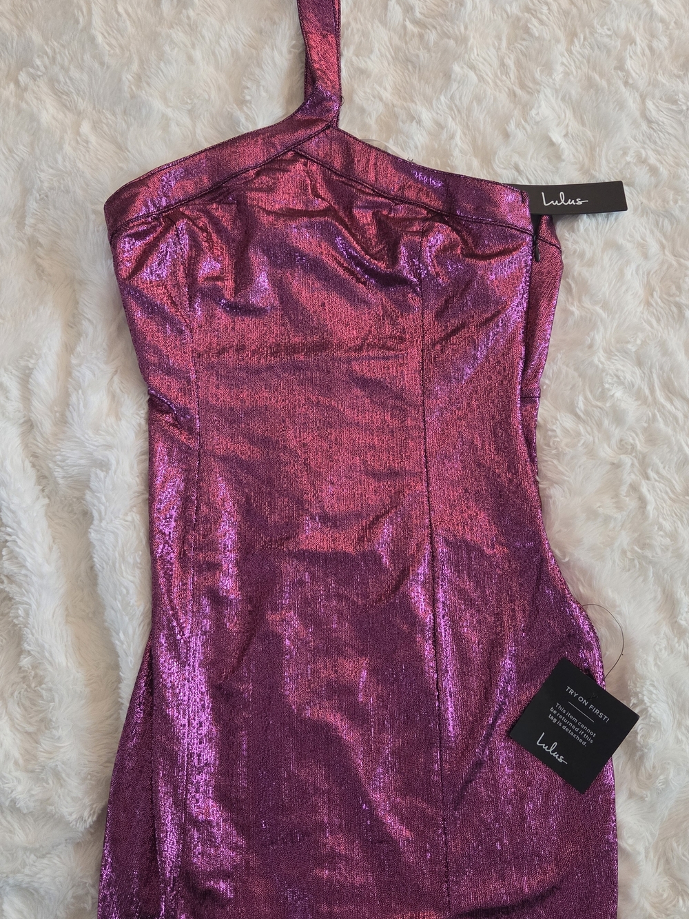 Lulu's Metallic Magenta Sequin One-Shoulder Dress
